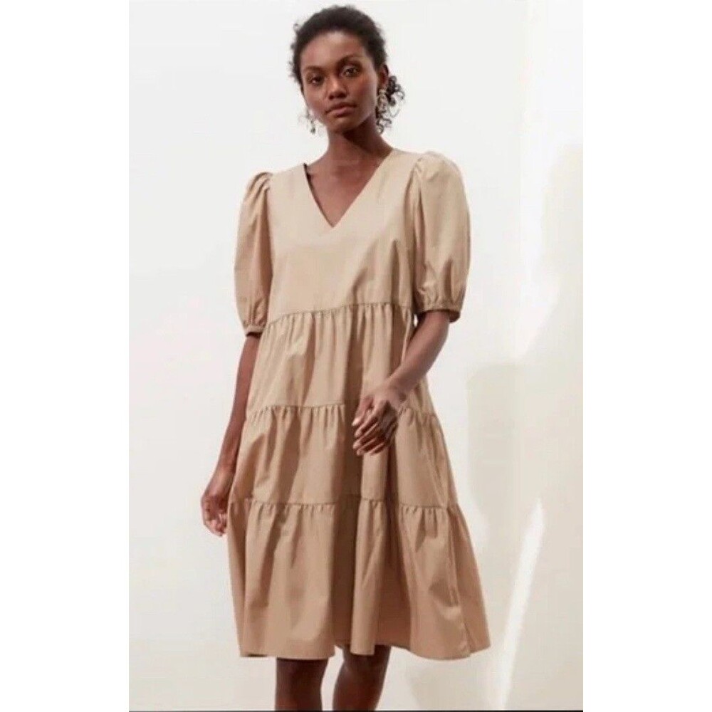 Banana Republic Puff Sleeve Tiered Midi Dress Khaki-Petite M